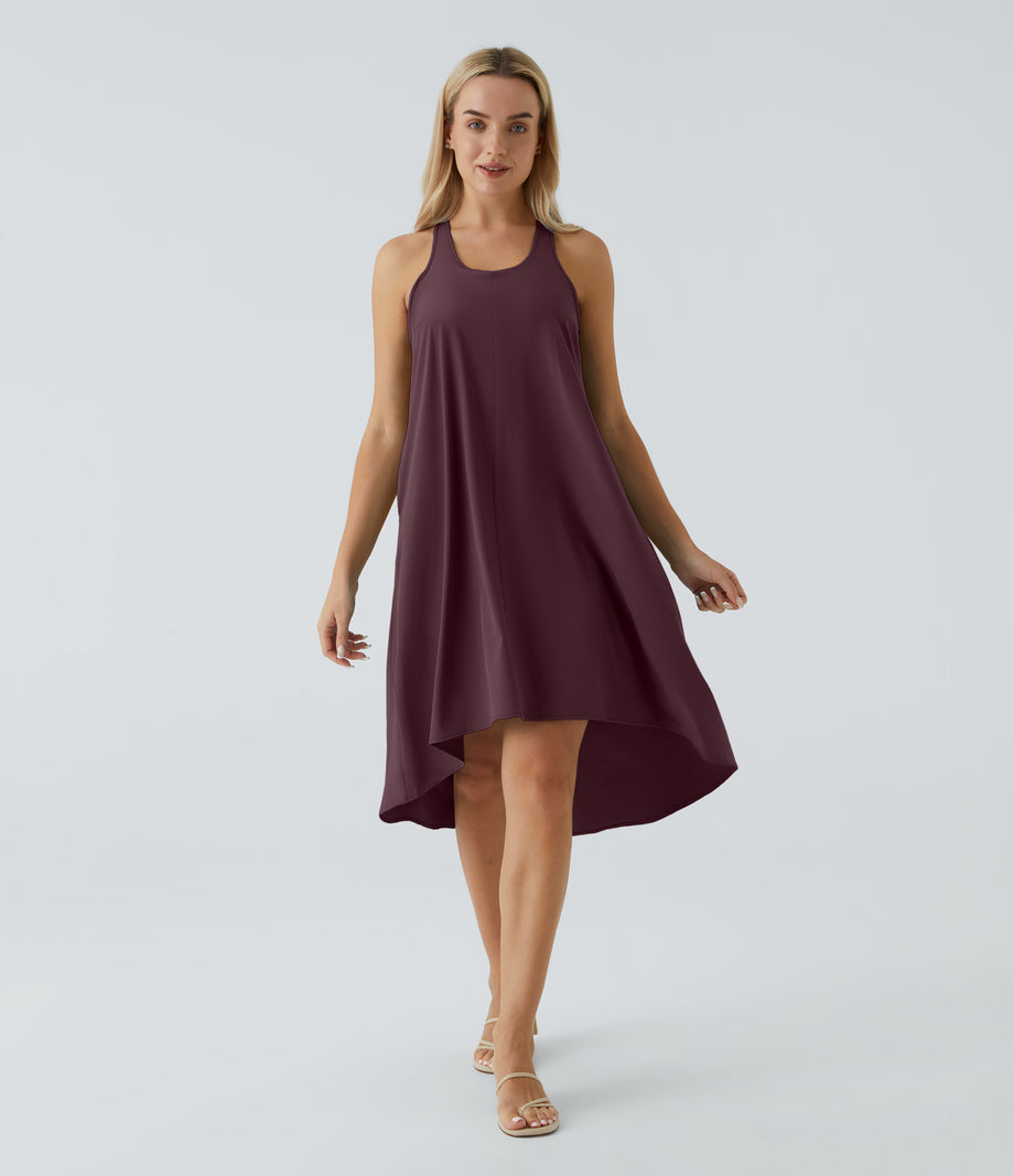 Breezeful™ Backless Racerback Side Pocket High Low Flowy Midi Quick Dry Casual Dress - Amaranth