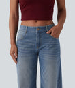 Halara Flex™ Low Rise Zipper Pockets Washed Baggy Wide Leg Casual Jeans - Blue Surf Denim