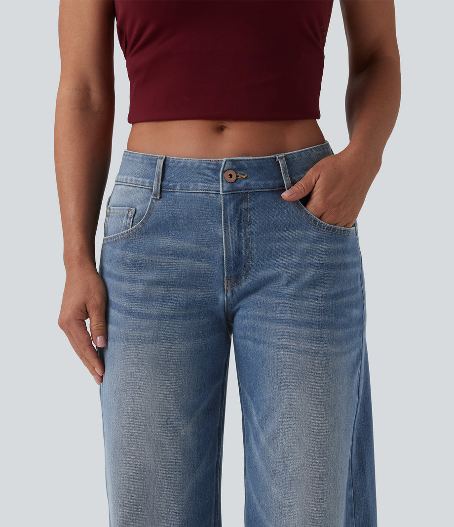 Halara Flex™ Low Rise Zipper Pockets Washed Baggy Wide Leg Casual Jeans - Blue Surf Denim