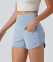 Halara Flex™ High Waisted Tummy Control Curved Hem Skinny Denim Casual Shorts with Pockets - Ice Water Denim