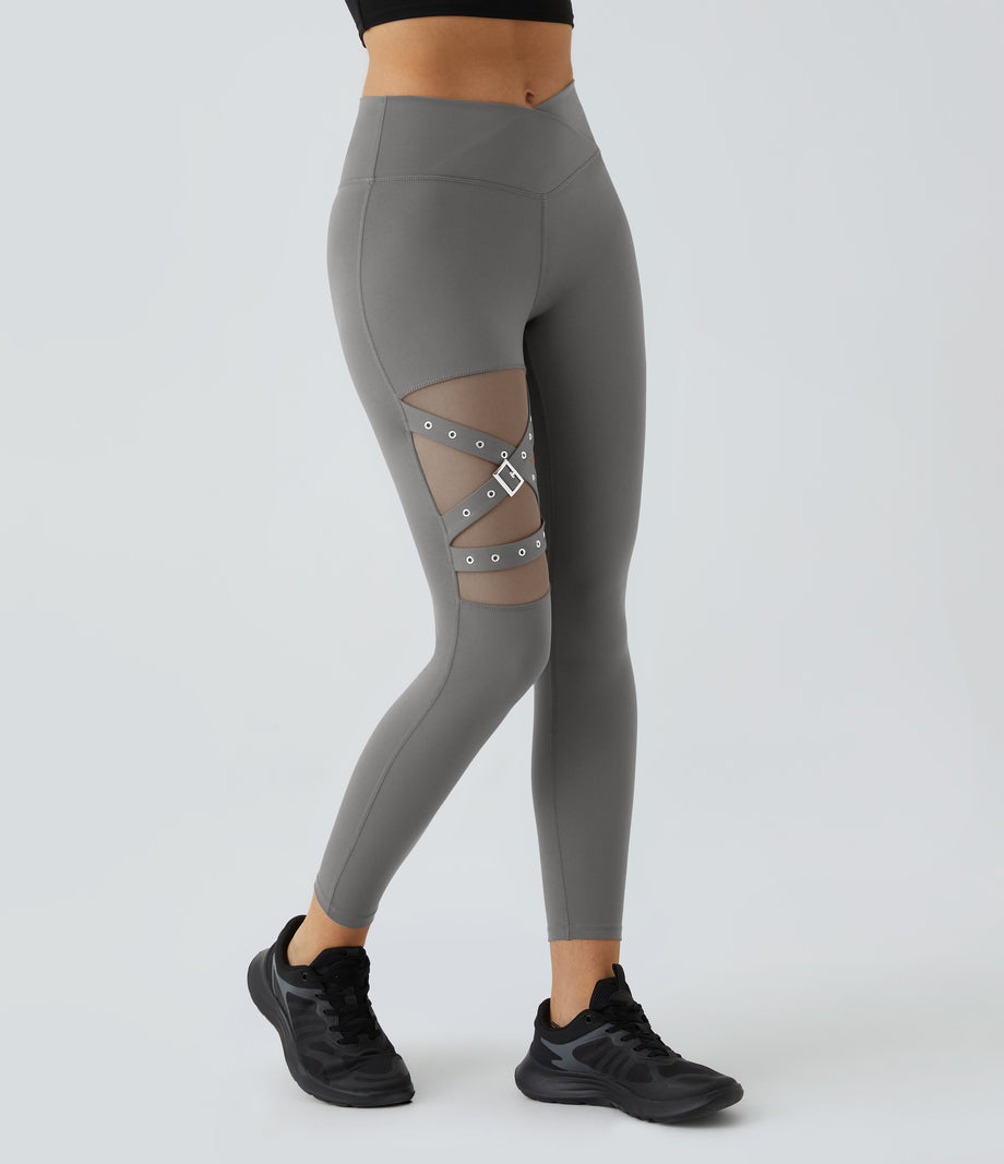 DayStretch High Waisted Crossover Contrast Mesh Decorative Buckle Yoga Leggings - Silent Storm