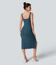 SoftlyZero™ Airy Square Neck Backless Corset Ruched Split Bodycon Midi Cool Touch Bridesmaid and Wedding Guest Dress - Majolica Blue