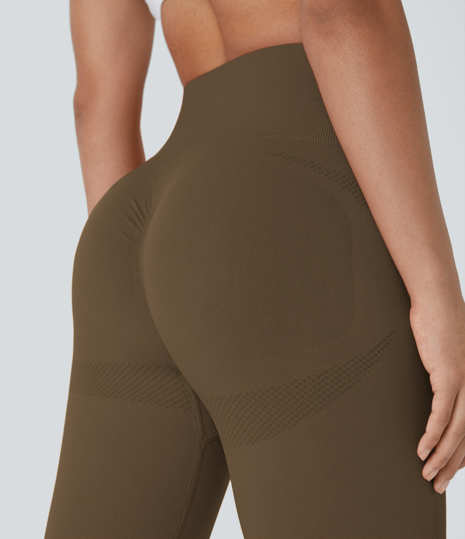OneForm Seamless Flow High Waisted Ruched 7/8 Yoga Leggings - Dawn Brown