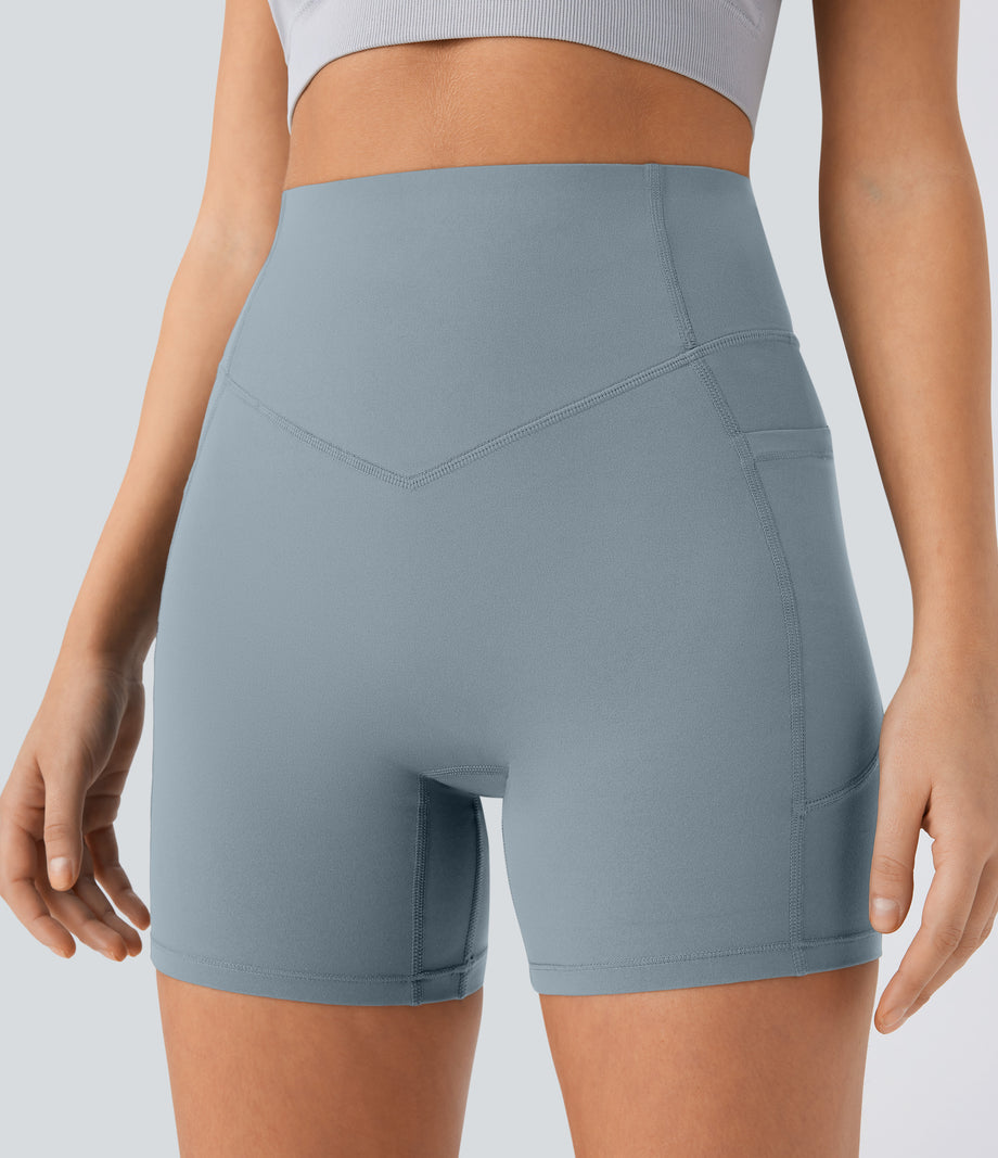Halara UltraSculpt™ High Waisted Scrunch Butt Lifting Tummy Control Pocket Shaping Workout Biker Shorts 5'' - Blue Flower Gray