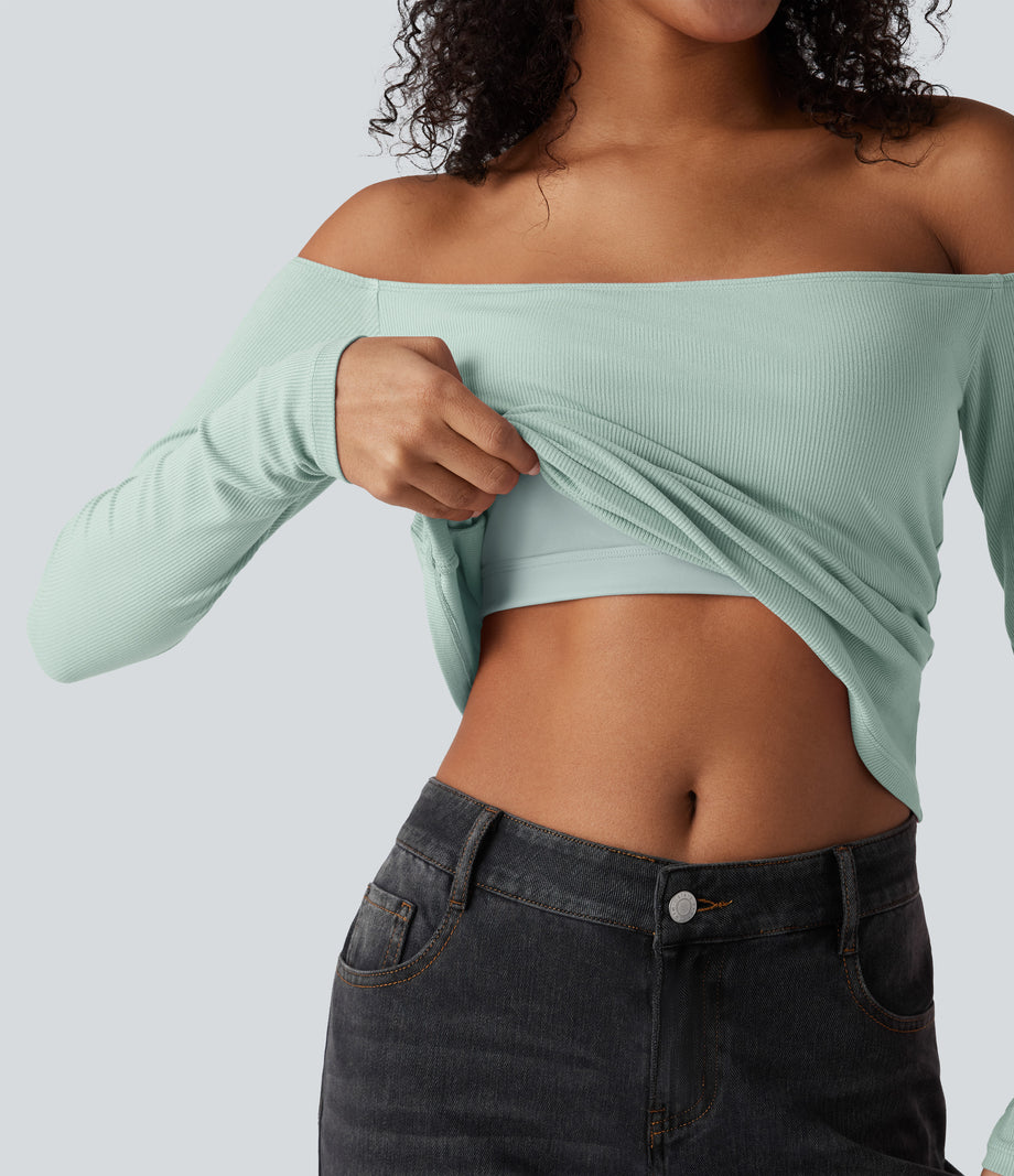 Ribbed Knit Off Shoulder Long Sleeve 2-in-1 Casual Top - Crow Green