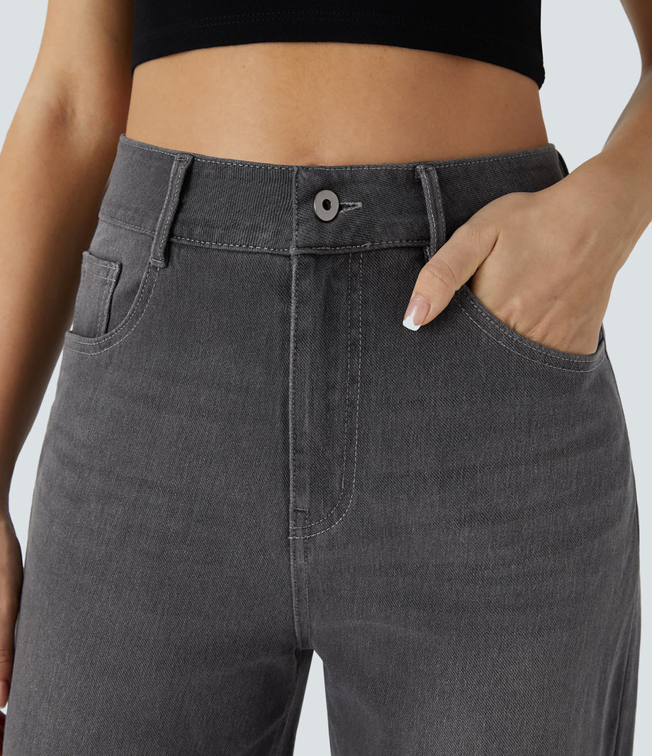 Halara Flex™ High Waisted Pockets Rolled Hem Wide Leg Washed Casual Jeans - Bright gray denim