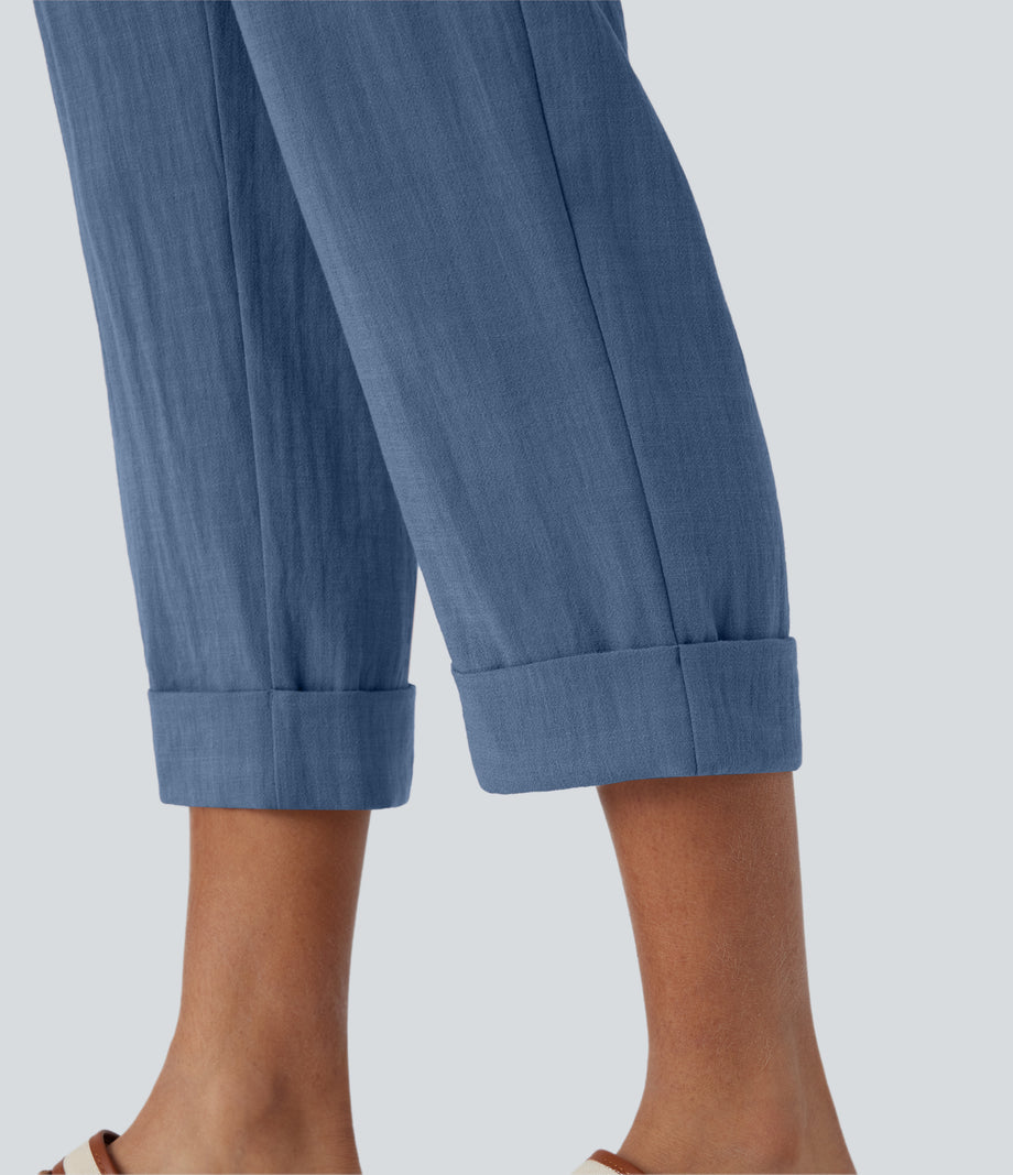 High Waisted Zipper Pocket Cropped Linen-Feel Pants - Blue Horizon