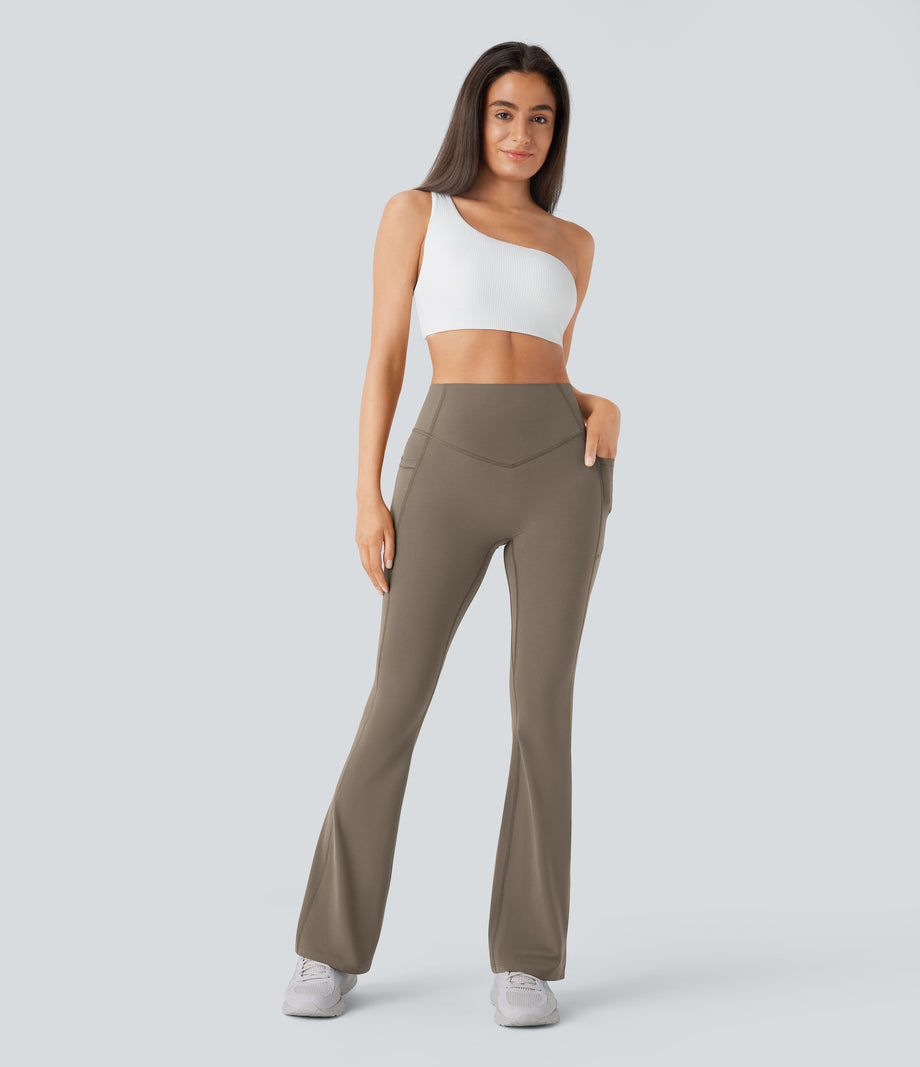 Halara UltraSculpt™ High Waisted Scrunch Butt Lifting Tummy Control Pocket Shaping Yoga Bootcut Leggings - Dawn Brown