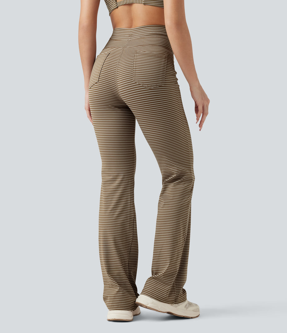 High Waisted Drawstring Stripe Flare Yoga Pants with Pockets - Cedar Brown