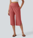 Breezeful™ High Waisted Tummy Control Hem Quick Dry Capri Pants with Pockets - Kapok Red