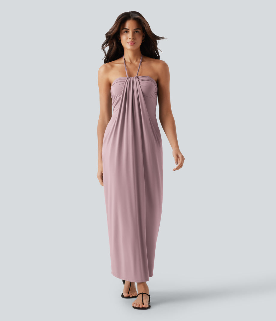 Halter Tie Back Maxi Dress with Pockets - Lilac Pink