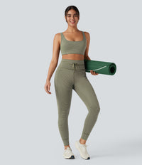 High Waisted Drawstring Striped Yoga Leggings with Pockets - Camo Olive Green