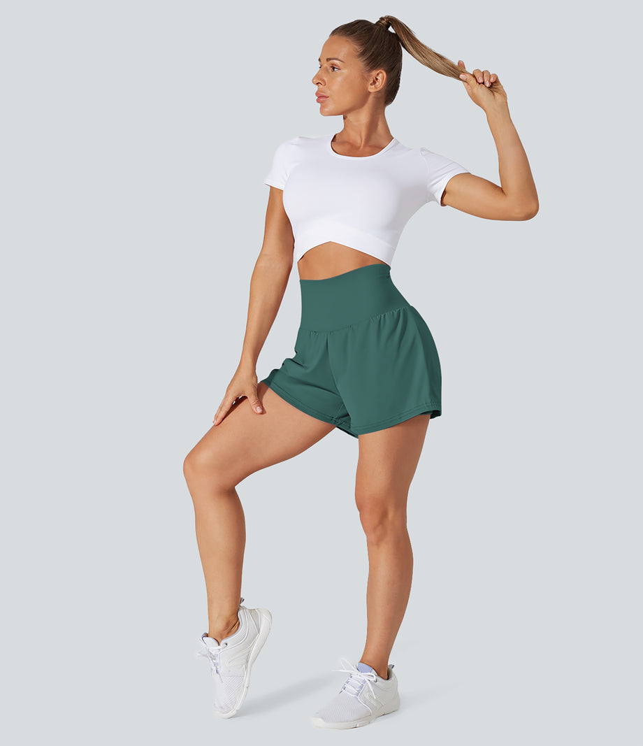 SoftlyZero™ Airy Super High Waisted 2-in-1 Cool Touch Yoga Shorts with Pockets - Blue Spruce