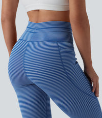 High Waisted Drawstring Striped Yoga Leggings with Pockets - Navy Stripe