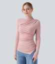 Mock-neck Long Sleeve Ruched Asymmetric Hem Thermal Casual Top - Dirty Pink