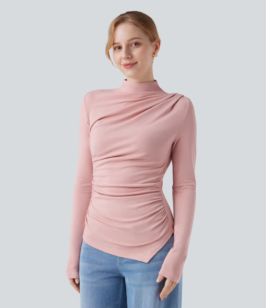 Mock-neck Long Sleeve Ruched Asymmetric Hem Thermal Casual Top - Dirty Pink