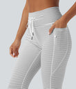 High Waisted Drawstring Striped Yoga Leggings with Pockets - Zebra Ripple