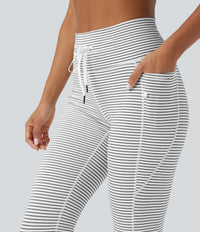 High Waisted Drawstring Striped Yoga Leggings with Pockets - Zebra Ripple