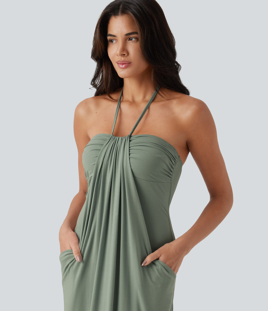Halter Tie Back Maxi Dress with Pockets - Asparagus