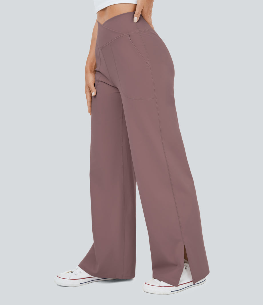 DayStretch Crossover Pocket Hem Wide Leg Yoga Pants-Smile - Purple Sandalwood