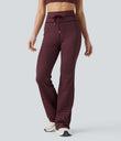 High Waisted Drawstring Stripe Flare Yoga Pants with Pockets - Burgundy Wine