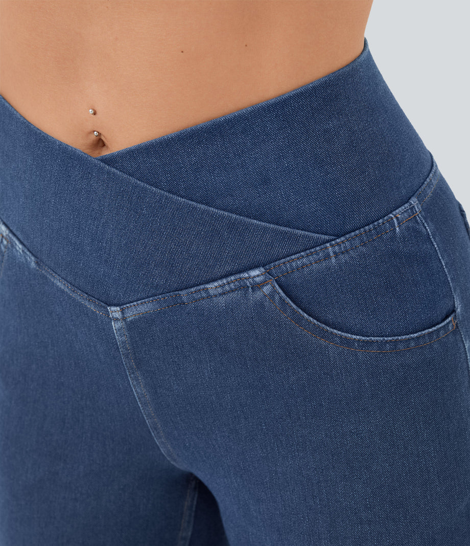 Halara Flex™ High Waisted Crossover Pocket Cool Touch Washed Casual Jeans - Light Cyan Denim
