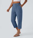 High Waisted Zipper Pocket Cropped Linen-Feel Pants - Blue Horizon