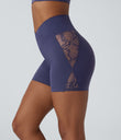 SoftlyZero™ High Waisted Crossover Contrast Lace Pocket Yoga Biker Shorts 5''-UPF50+ - Peacoat