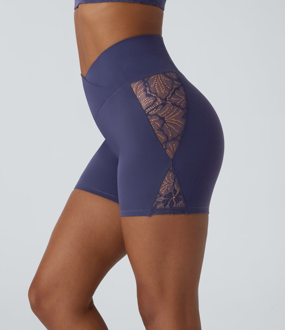 SoftlyZero™ High Waisted Crossover Contrast Lace Pocket Yoga Biker Shorts 5''-UPF50+ - Peacoat