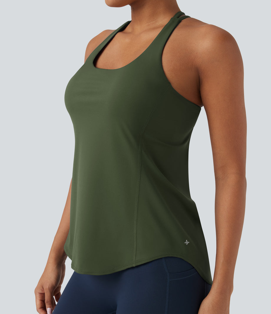 Halara UltraSculpt™ Round Neck Crisscross Back Running Tank Tops DD-F Cups - Deep Woodland Green