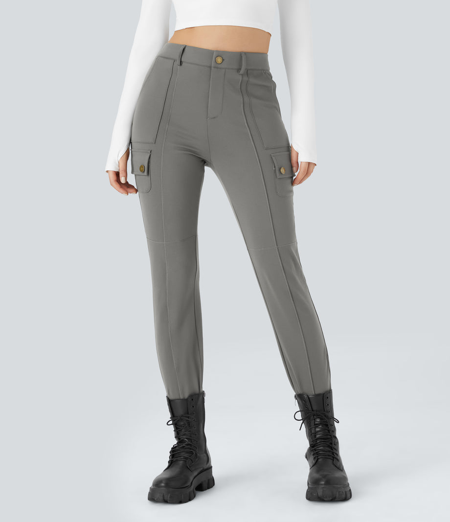 DayStretch High Waisted Zipper Pockets Solid Skinny Cargo Pants - Silent Storm