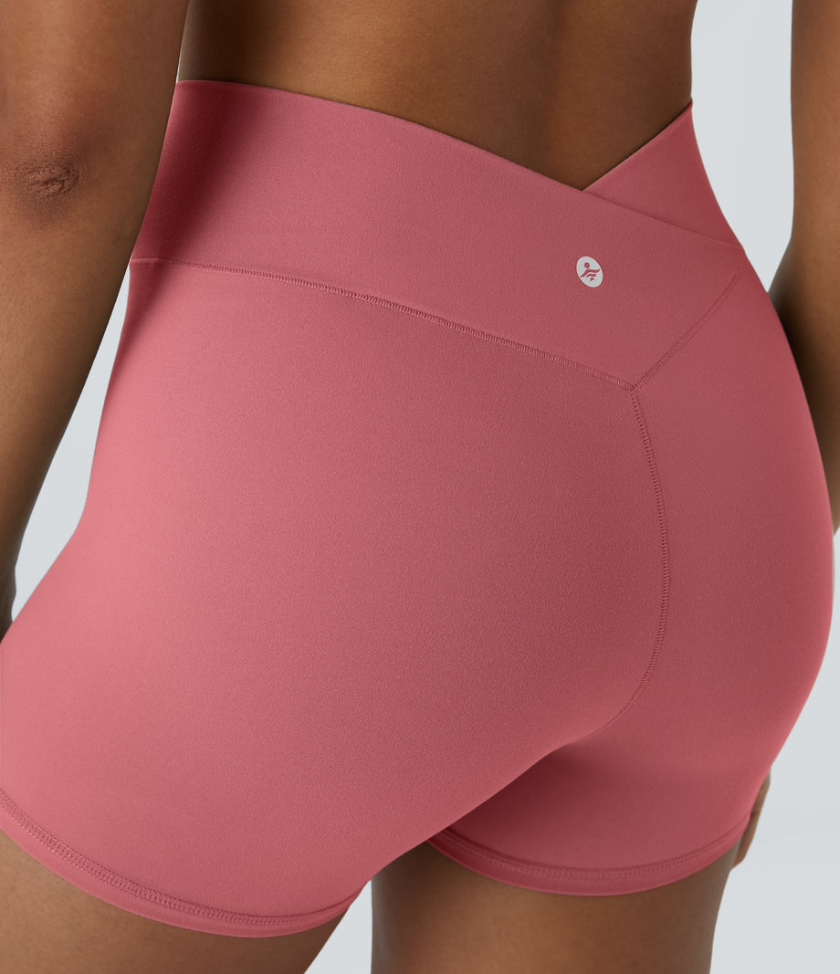 SoftlyZero™ High Waisted Crossover Plain Yoga Biker Shorts 3''-UPF50+ - Begonia Rouge