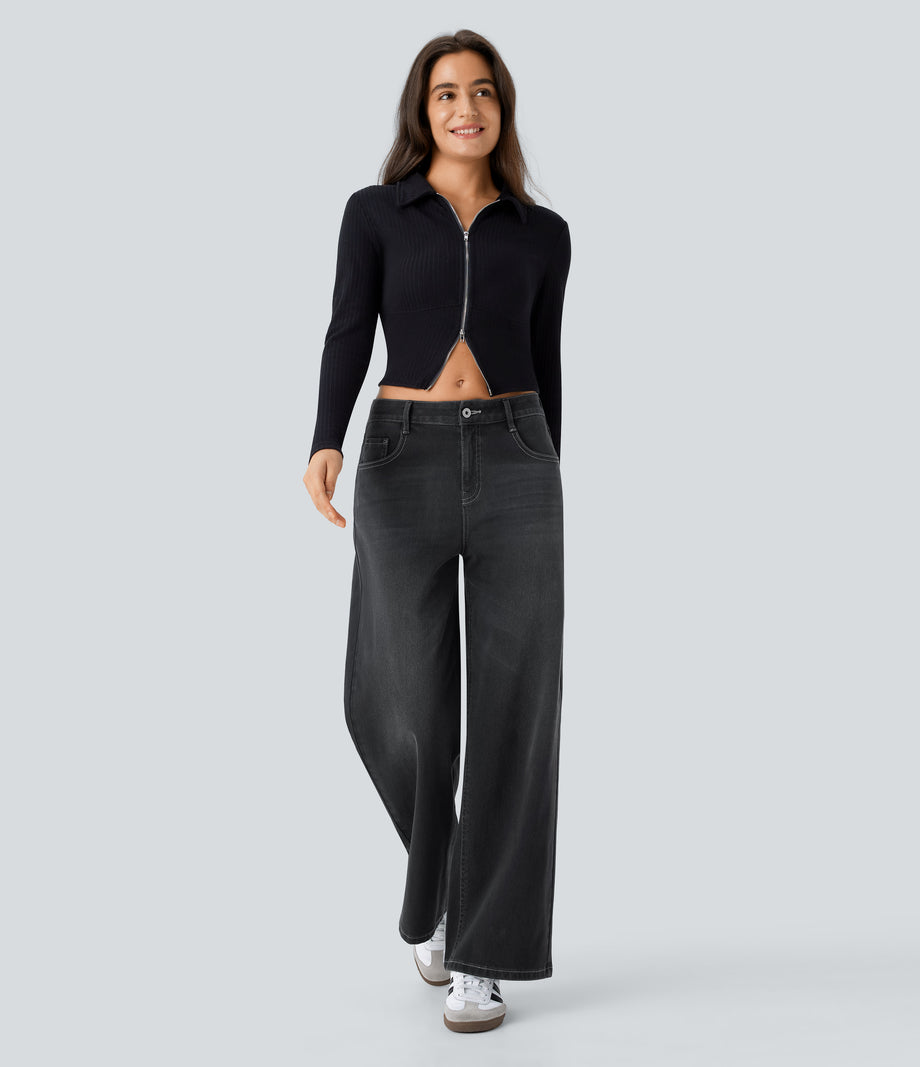 Halara Flex™ Low Rise Zipper Pockets Washed Baggy Wide Leg Casual Jeans - Dirty Black Denim