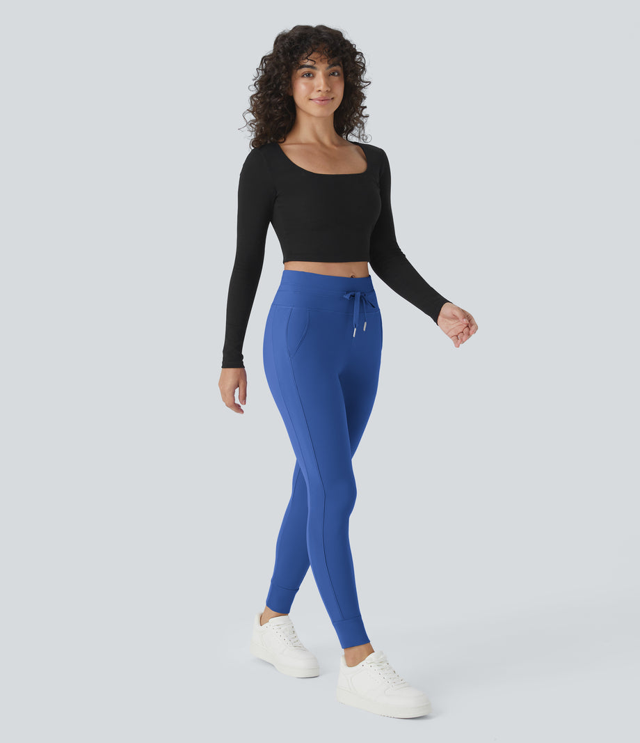 SoftlyZero™ Plush High Waisted Drawstring Pocket Plain Full Length Joggers - Beaucoup Blue