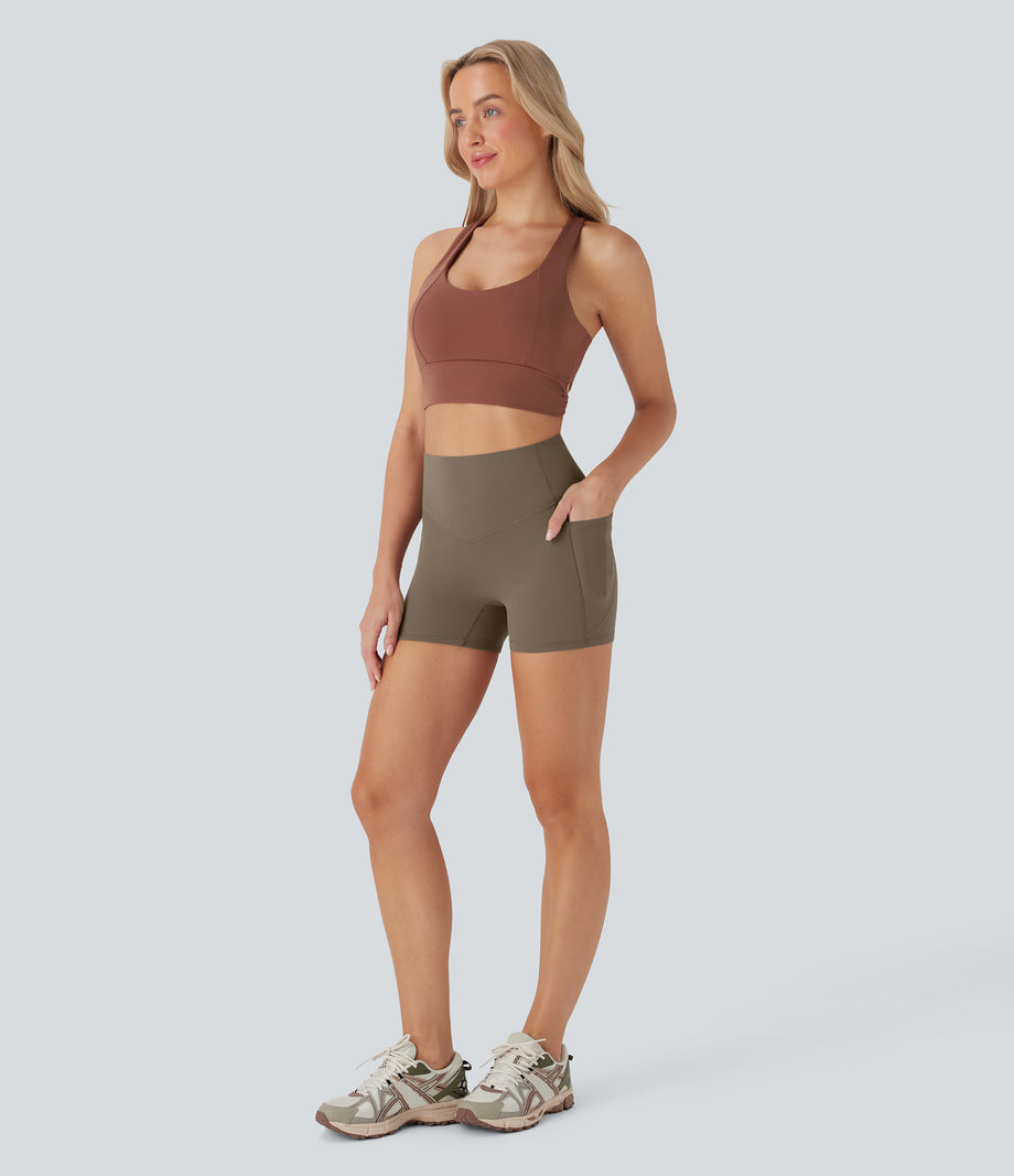 Halara UltraSculpt™ High Waisted Tummy Control Pocket Shaping Training Biker Shorts 3'' - Dawn Brown
