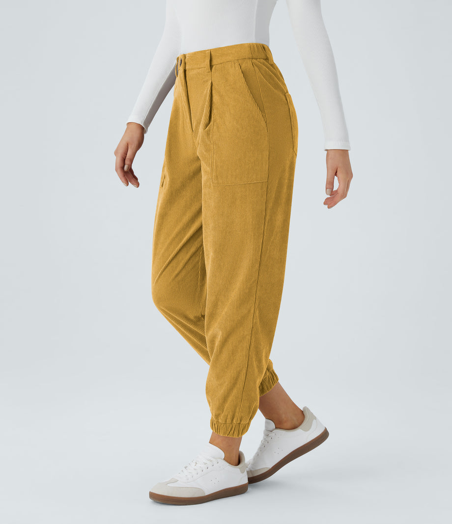 Mid Rise Zipper Pockets Corduroy Casual Joggers - Amber Gold