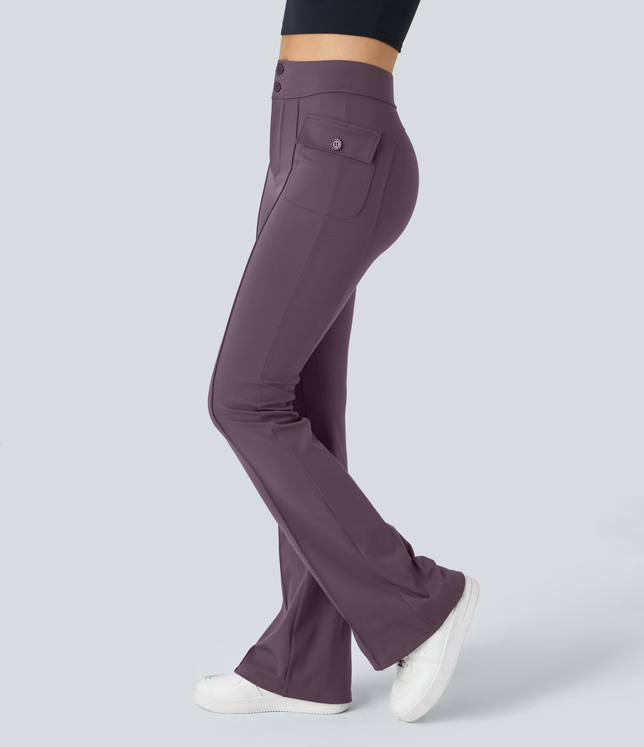High Waisted Side Flap Pocket Flare Casual Cargo Pants - Dusky Evening purple
