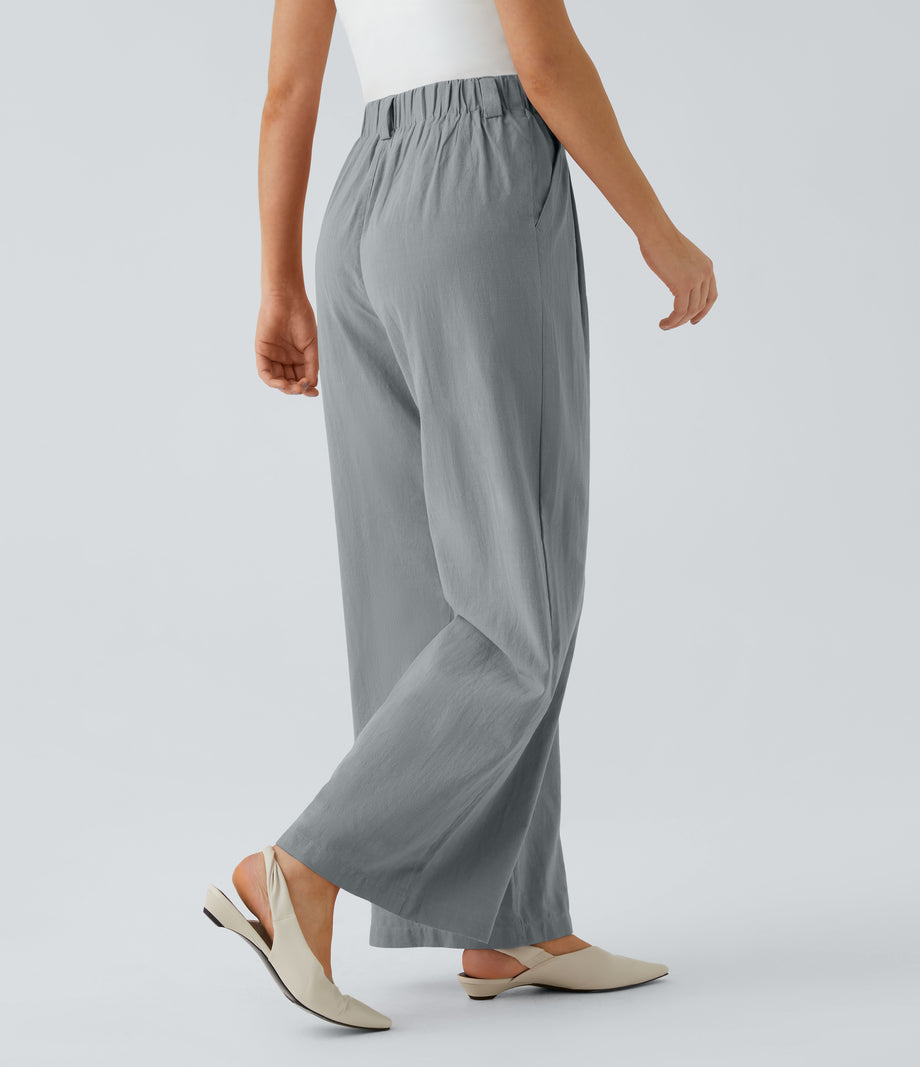 High Waisted Pocket Wide Leg Flowy Solid Palazzo Casual Linen-Feel Pants - Quarry