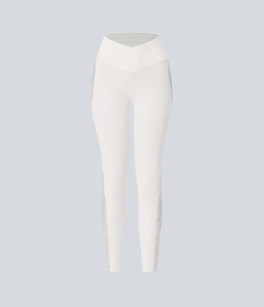 SoftlyZero™ High Waisted Crossover Contrast Lace Pocket Yoga Leggings-UPF50+ - White