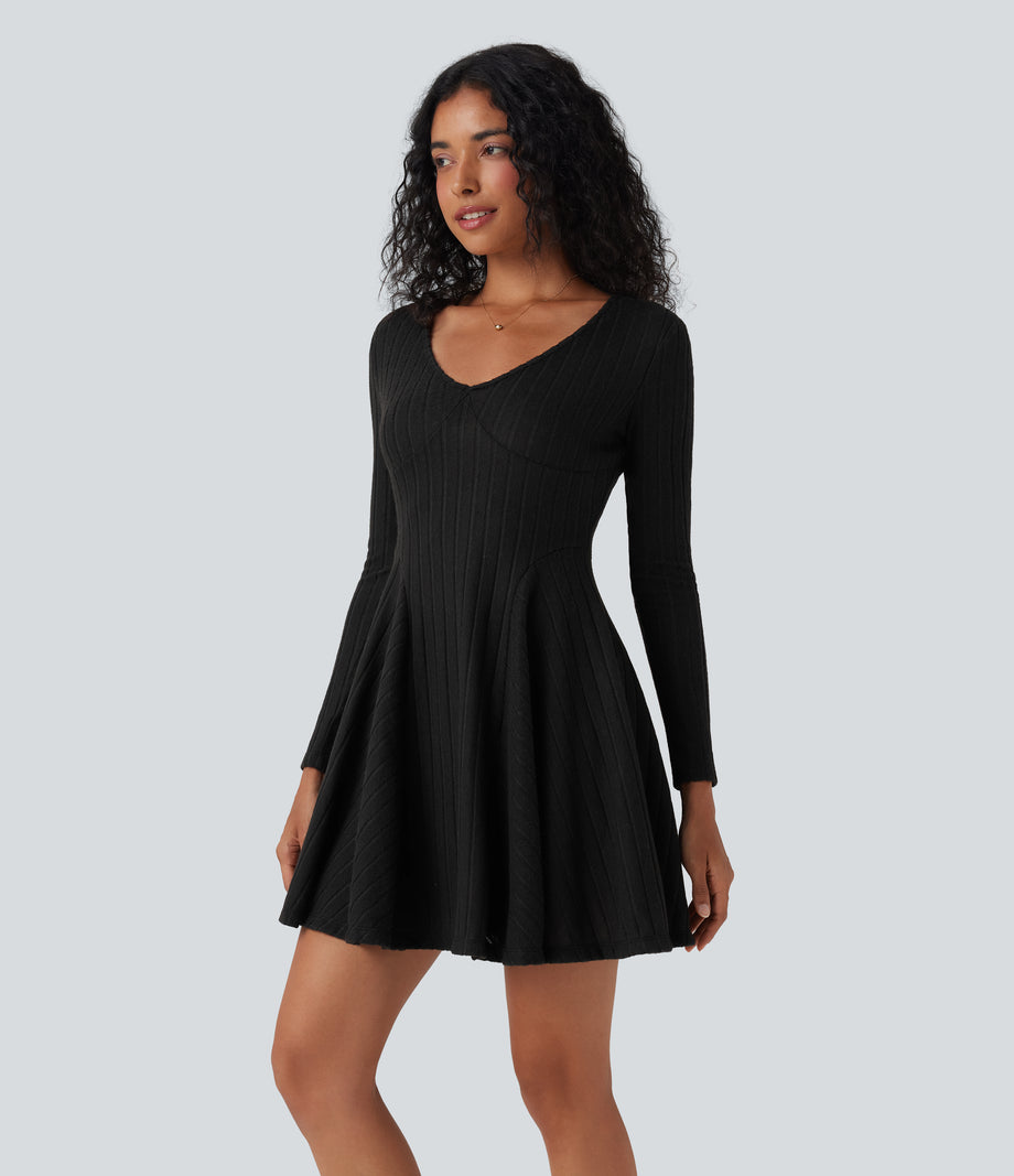 Ribbed Knit V Neck Long Sleeve Flare Mini Casual Dress with Pockets - Black