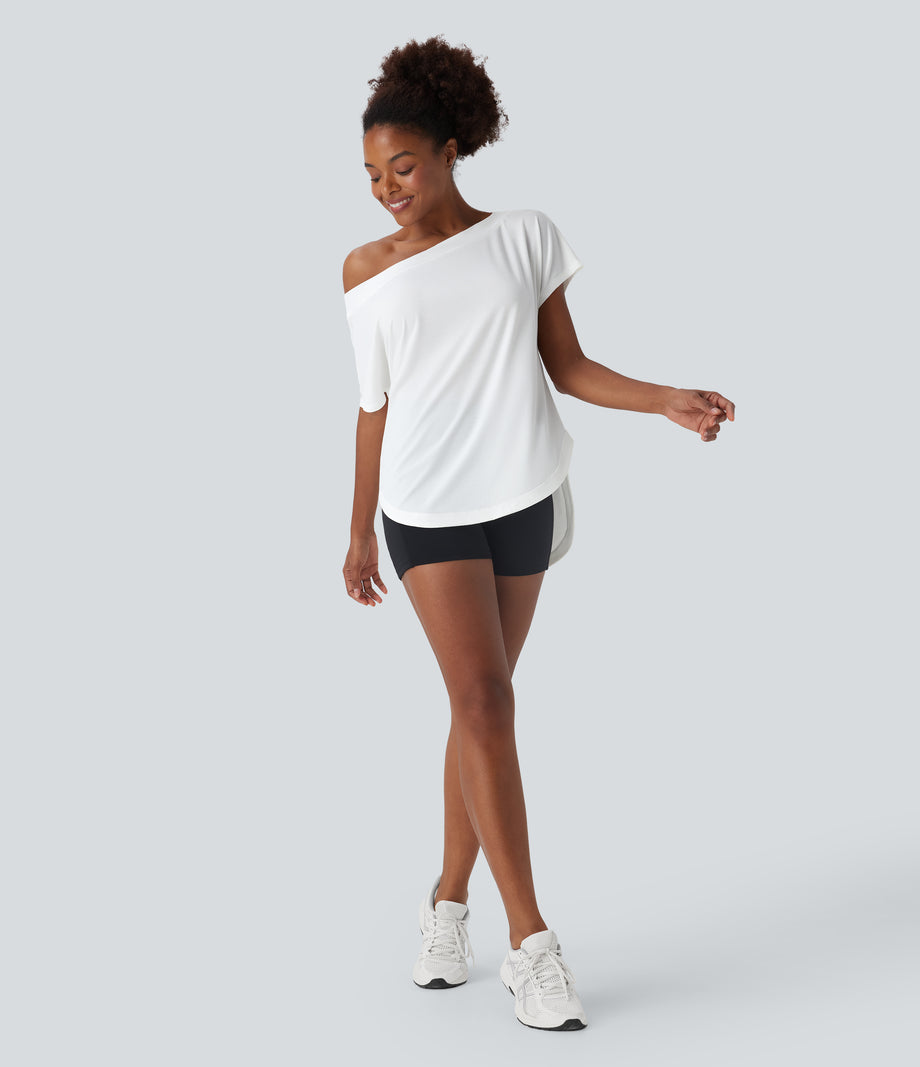 One Shoulder Short Sleeve Curved Hem High Low Quick Dry Yoga Sports Top - White