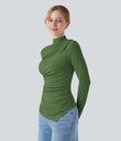 Mock-neck Long Sleeve Ruched Asymmetric Hem Thermal Casual Top - Cactus