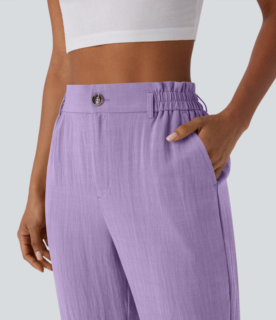 High Waisted Zipper Pocket Cropped Linen-Feel Pants - Lilac Breeze