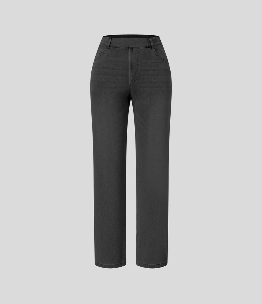 Halara Flex™ High Waisted Pockets Straight Leg Washed Casual Jeans - Deep Ink Black Denim