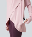 Hooded Cowl Neck Long Sleeve Thumb Hole Yoga Sports Top with Pockets - Pale Lilac