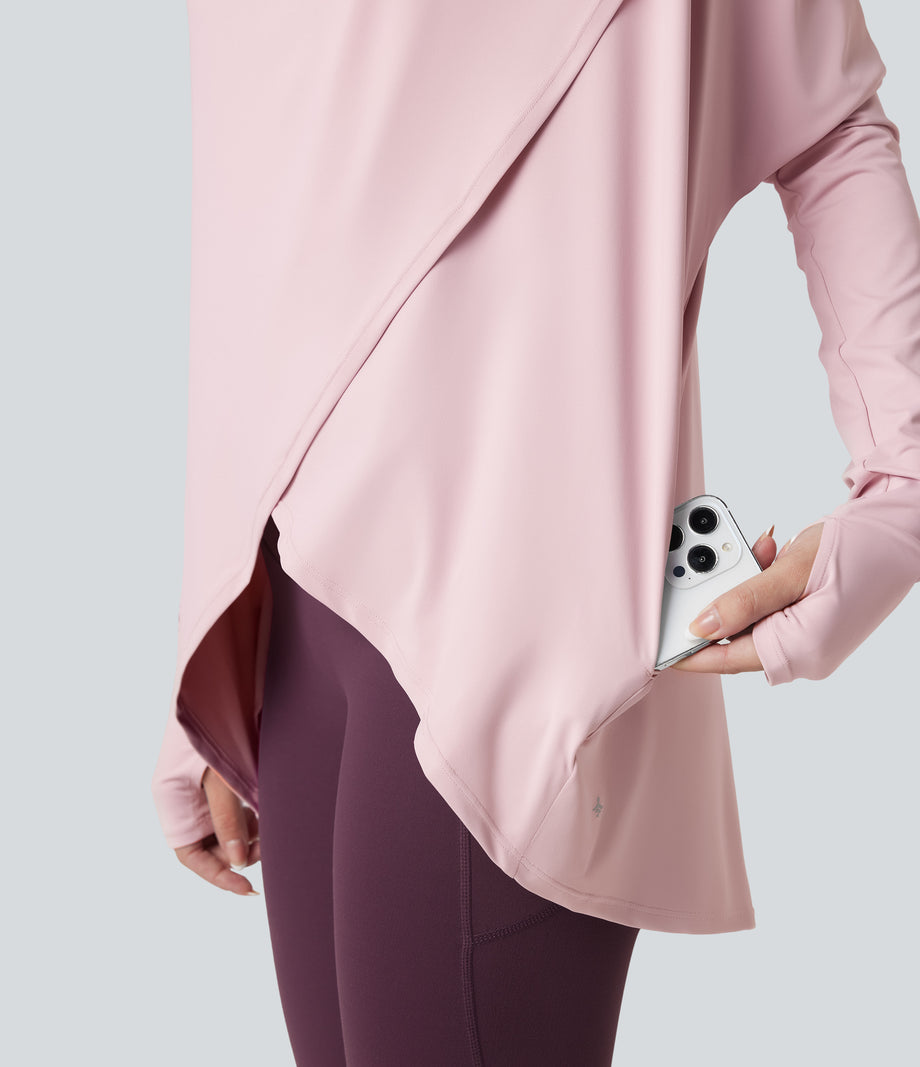 Hooded Cowl Neck Long Sleeve Thumb Hole Yoga Sports Top with Pockets - Pale Lilac