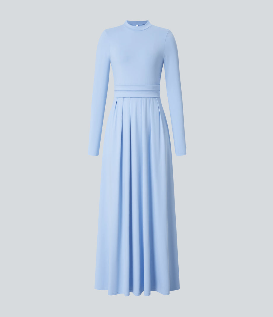 Mock-neck Long Sleeve Pocket Flare Maxi Casual Dress - Angel Falls