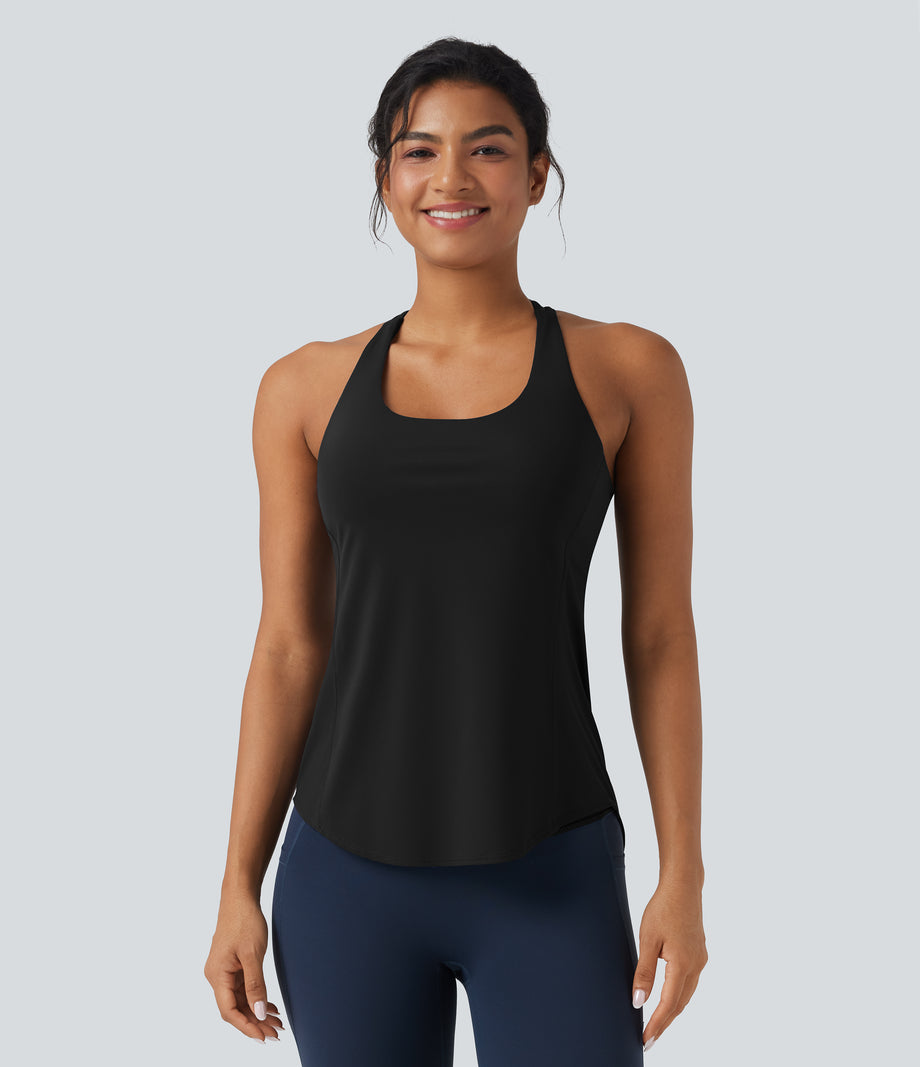 Halara UltraSculpt™ Round Neck Crisscross Back Running Tank Tops DD-F Cups - Black