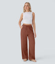 High Waisted Drawstring Pocket Wide Leg Baggy Casual Linen-Feel Pants - Sequoia