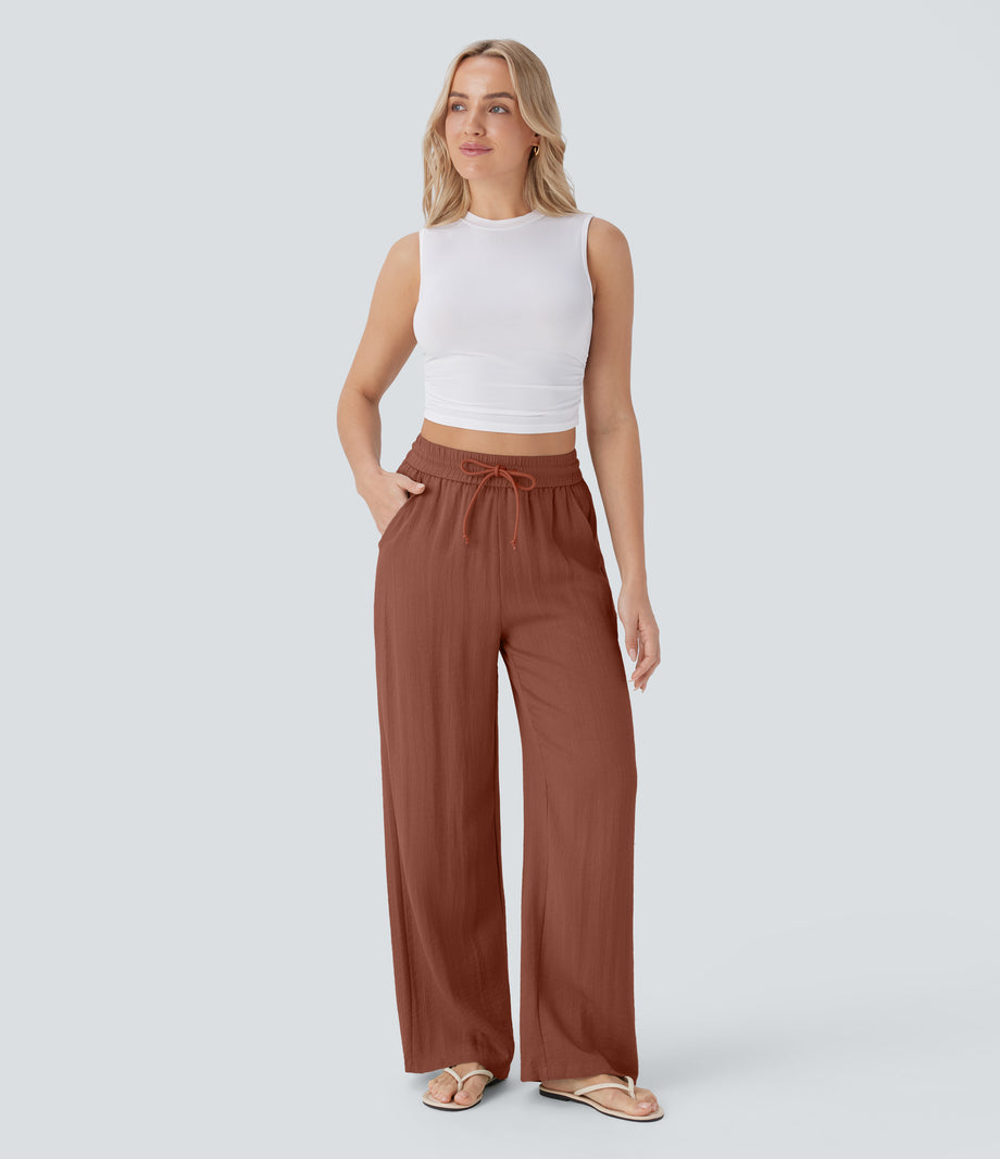 High Waisted Drawstring Pocket Wide Leg Baggy Casual Linen-Feel Pants - Sequoia